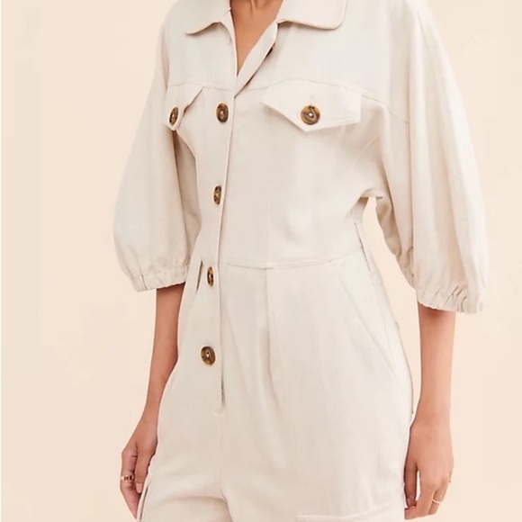 DIVINE HERITAGE XS Raglan Sleeve Utility Button-Down Jumpsuit Beige Linen Blend - Picture 2 of 16